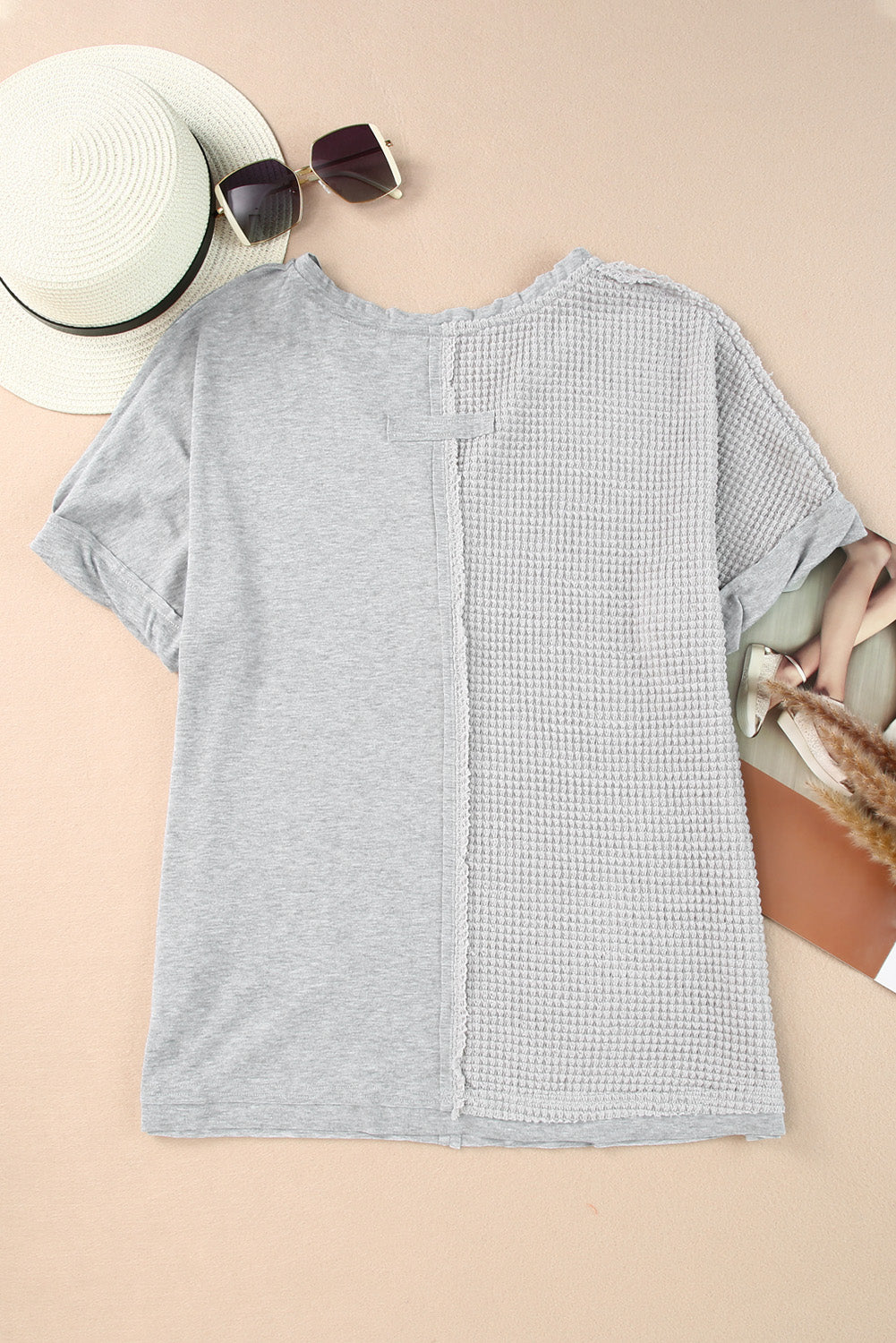 Waffle Knit Patchwork Buttoned Short Sleeve Top