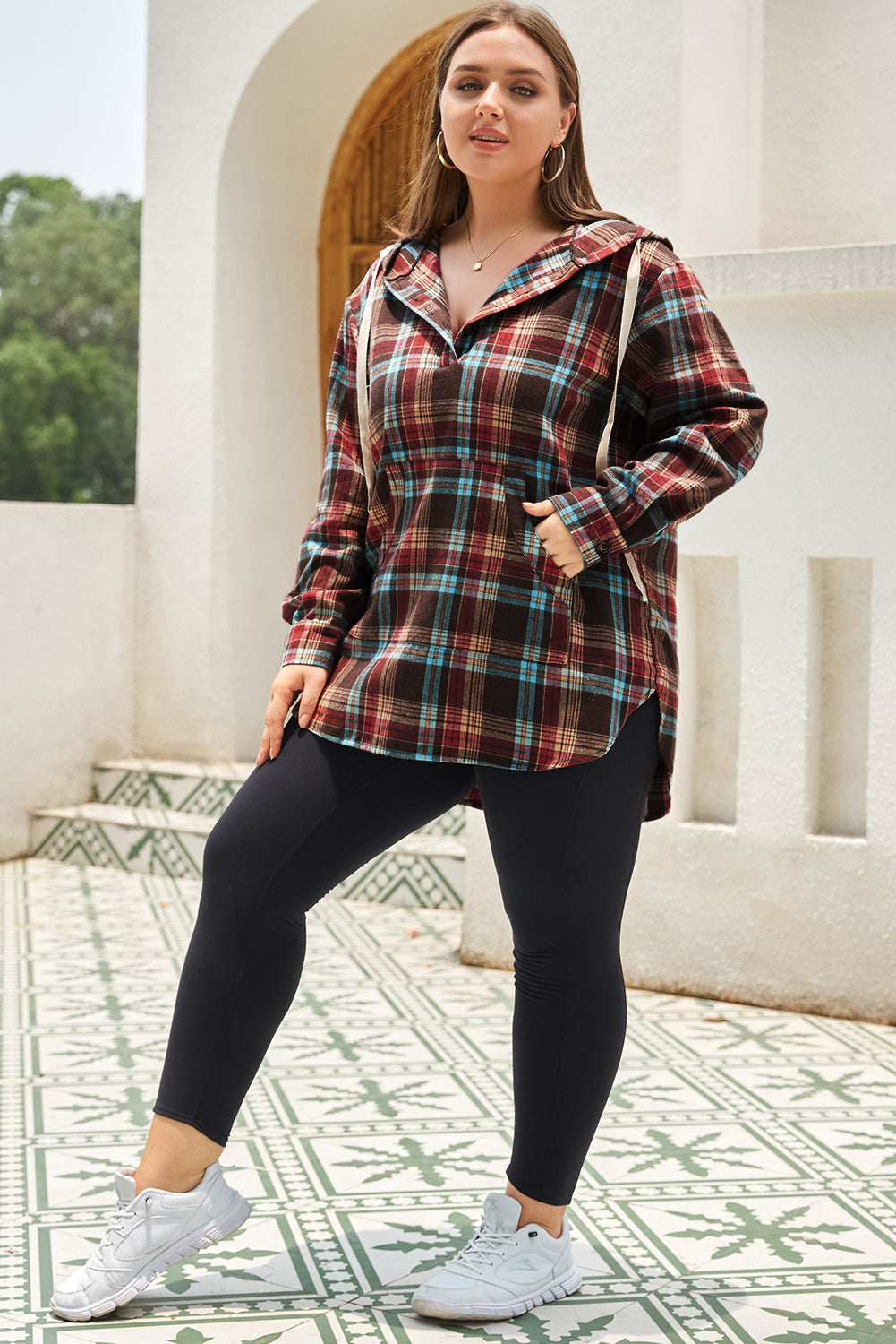 Plus Size Plaid Kangaroo Pocket Drawstring Hoodie