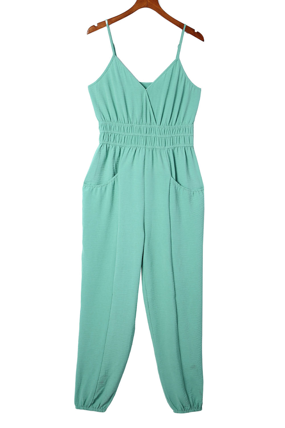 Shirred High Waist Sleeveless V Neck Jumpsuit