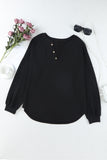 Black Buttoned V Neck Cotton Loose Fit Top