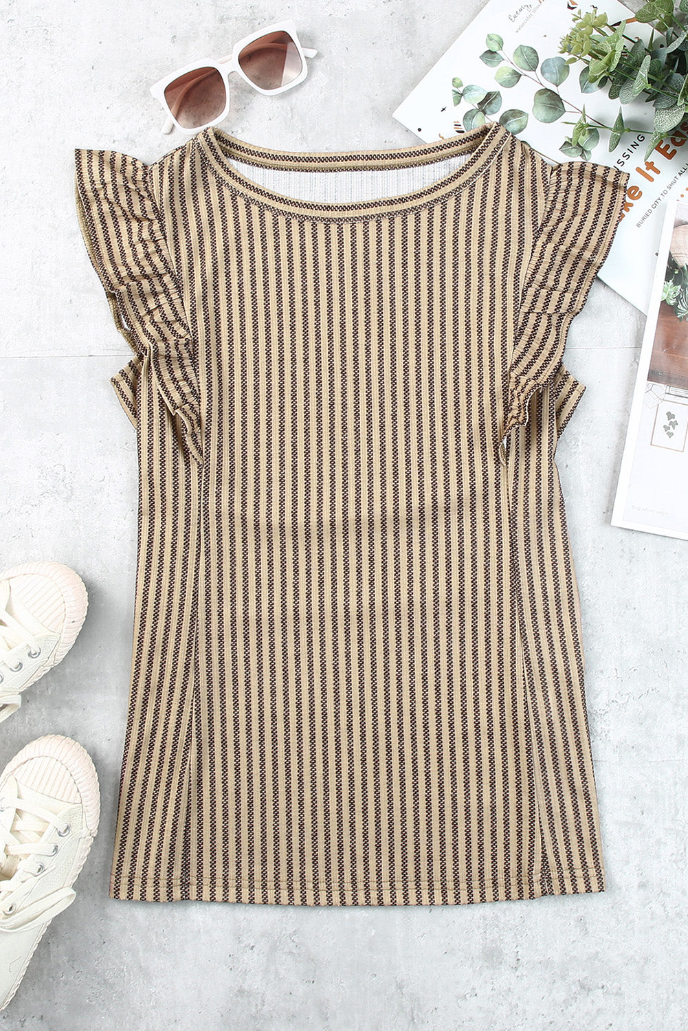 Crew Neck Ruffled Striped Tank Top