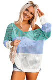 Color Block Eyelet Long Sleeve Twisted Back Knit Top