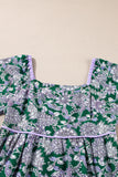 Green Floral Print Piping Trim Bubble Sleeve Square Neck Dress