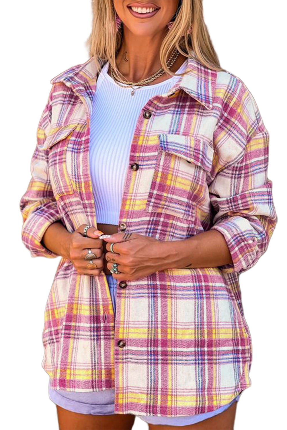 Plaid Print Rounded Hem Shirt Jacket