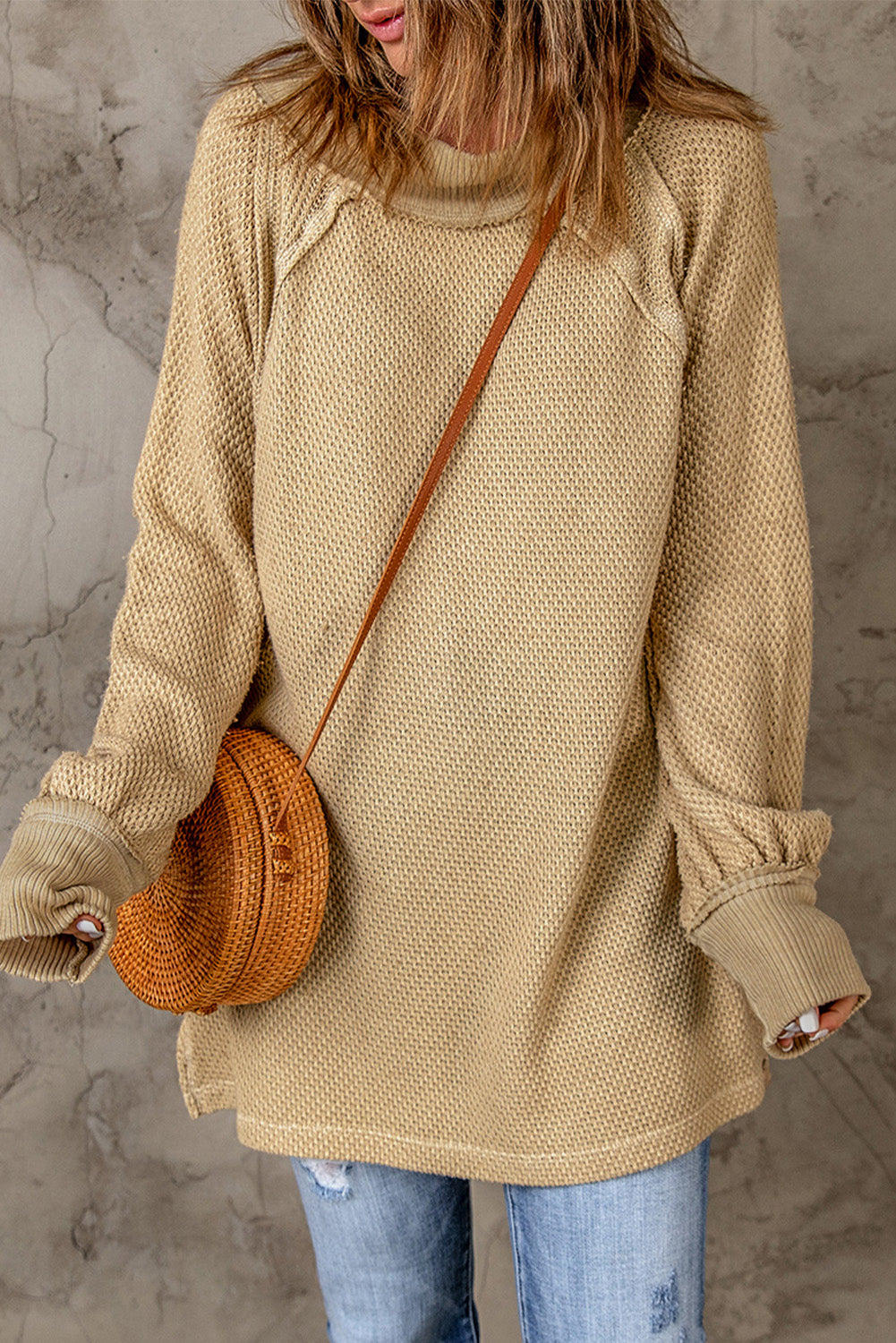 Waffle Knit Patchwork Oversized Pullover Sweatshirt