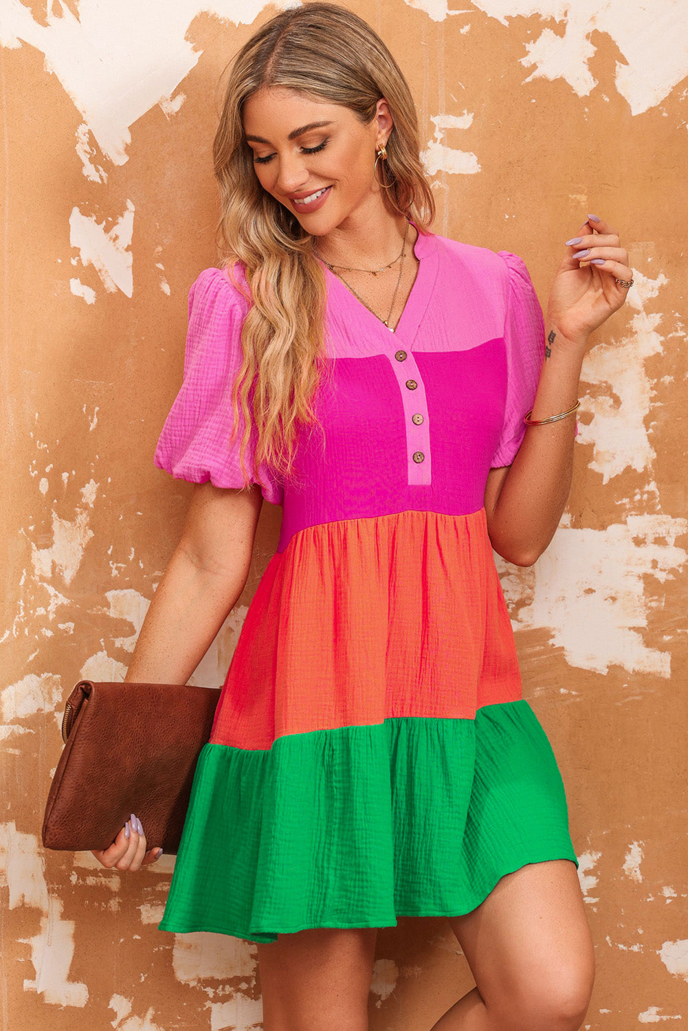 Crinkle Bubble Sleeve Color Block Blouse