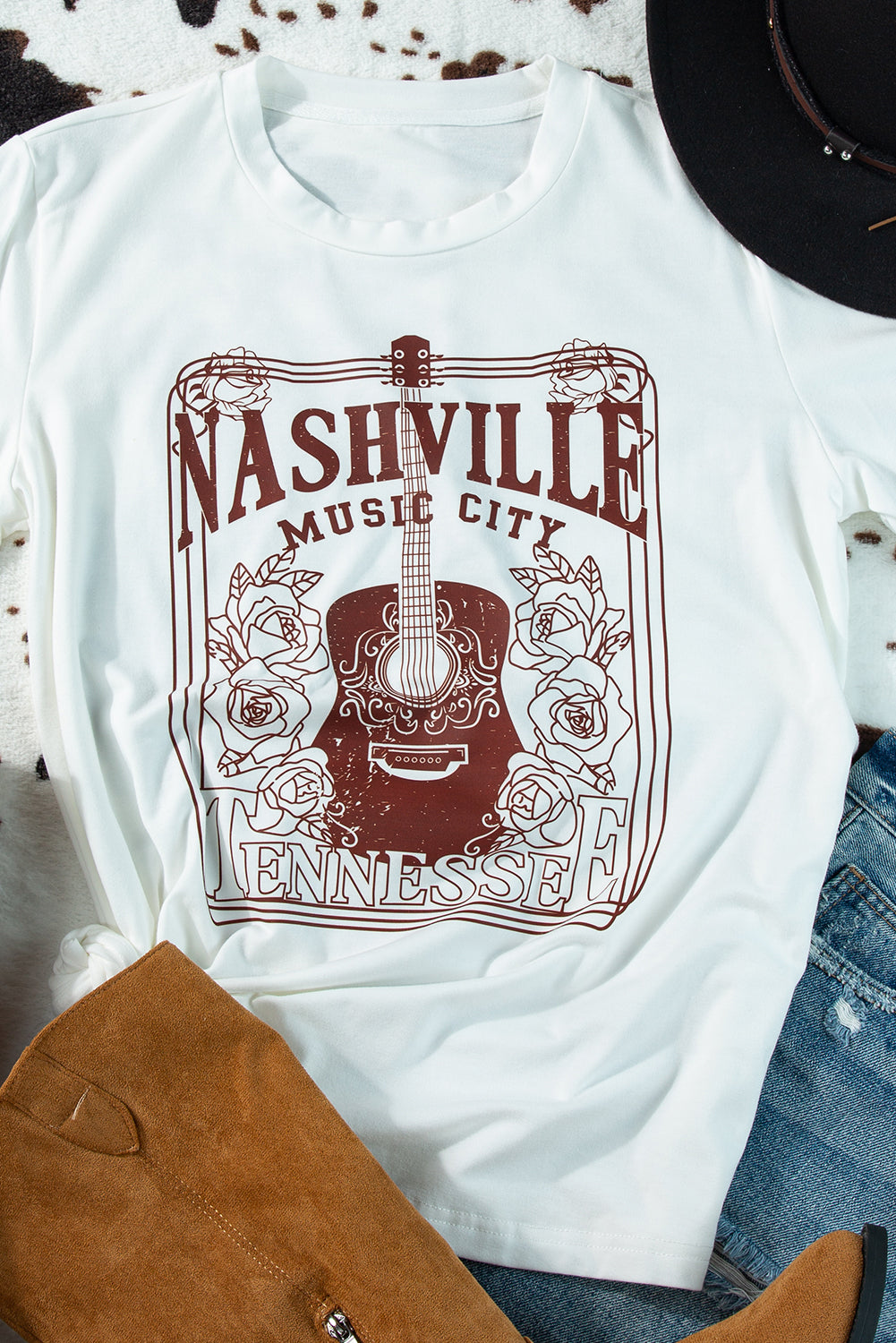 T-shirt ras du cou graphique NASHVILLE MUSIC CITY blanc