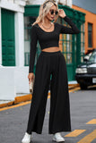 Solid Color Ribbed Crop Top Long Pants Set