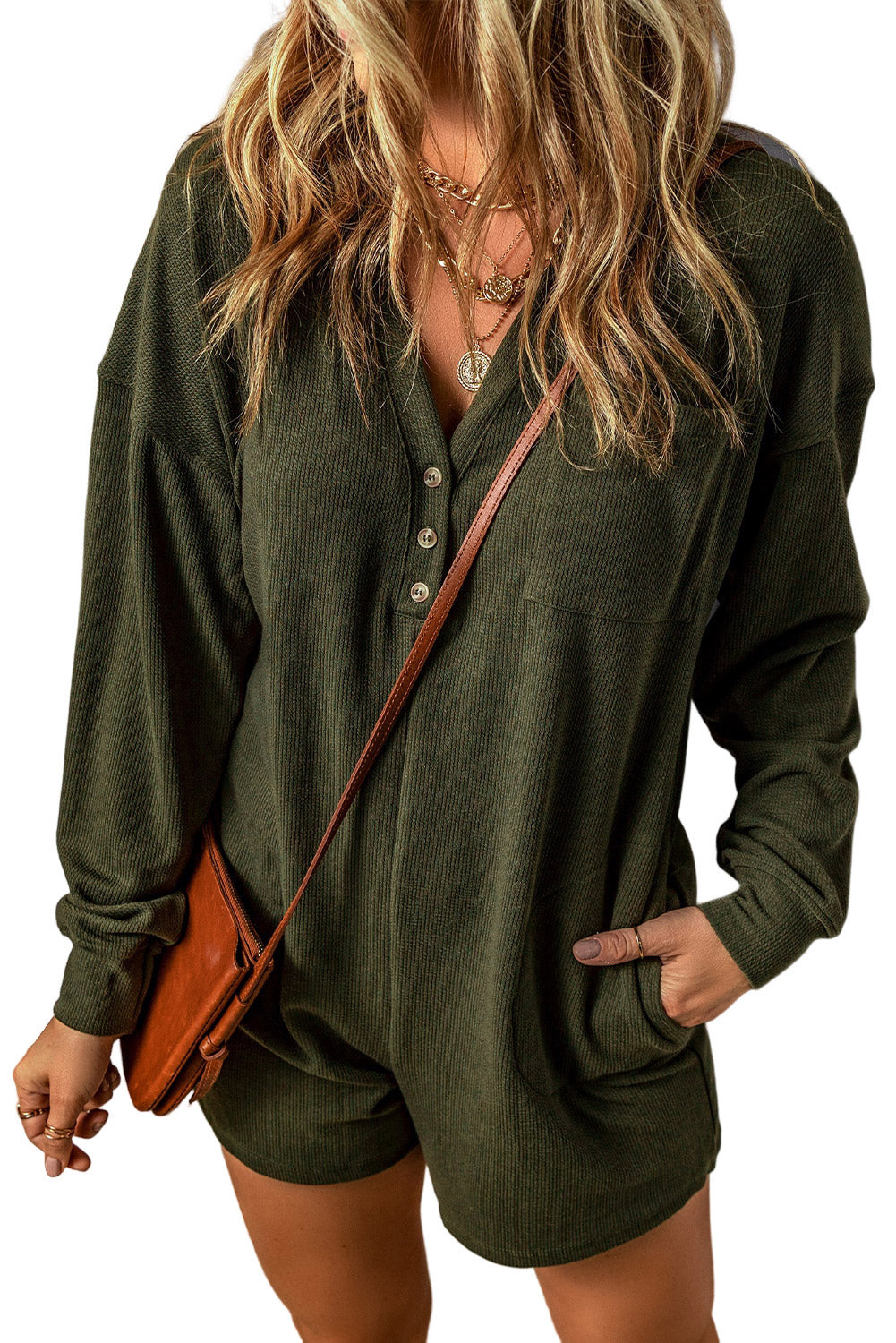 Dark Green Brushed Ribbed Button Split V Neck Long Sleeve Romper