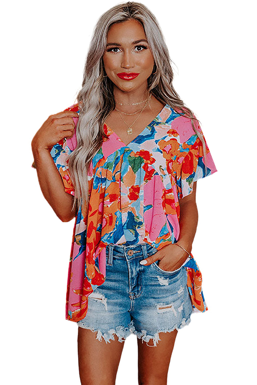 Abstract Print V Neck Flutter Sleeve Blouse