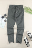 Green Plain High Waist Buttons Frayed Cropped Denim Jeans