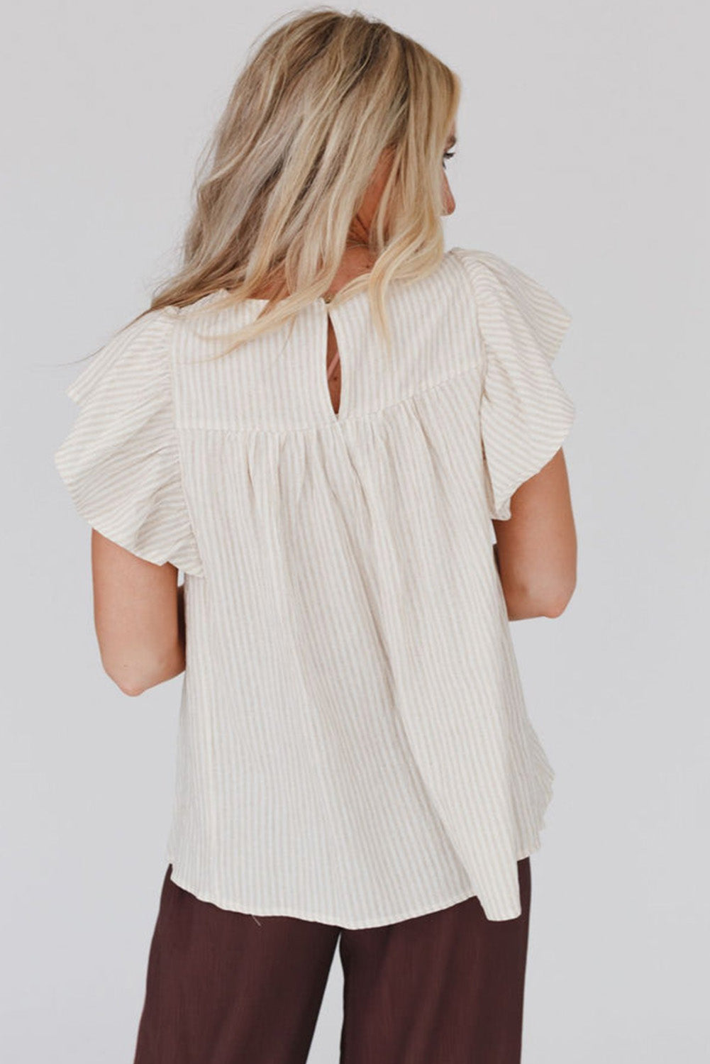 Stripe Ruffled Sleeve Embroidered Blouse