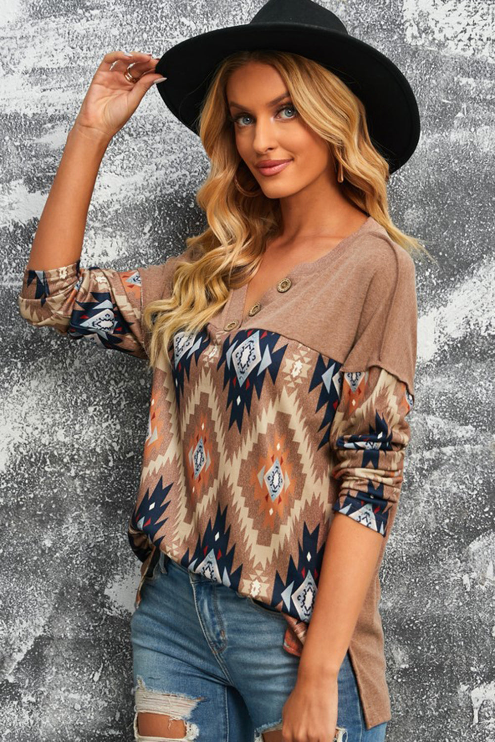 Western Aztec Print Buttoned V Neck Top