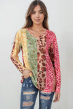 Floral Leopard Mixed Print V Neck Long Sleeve Tee