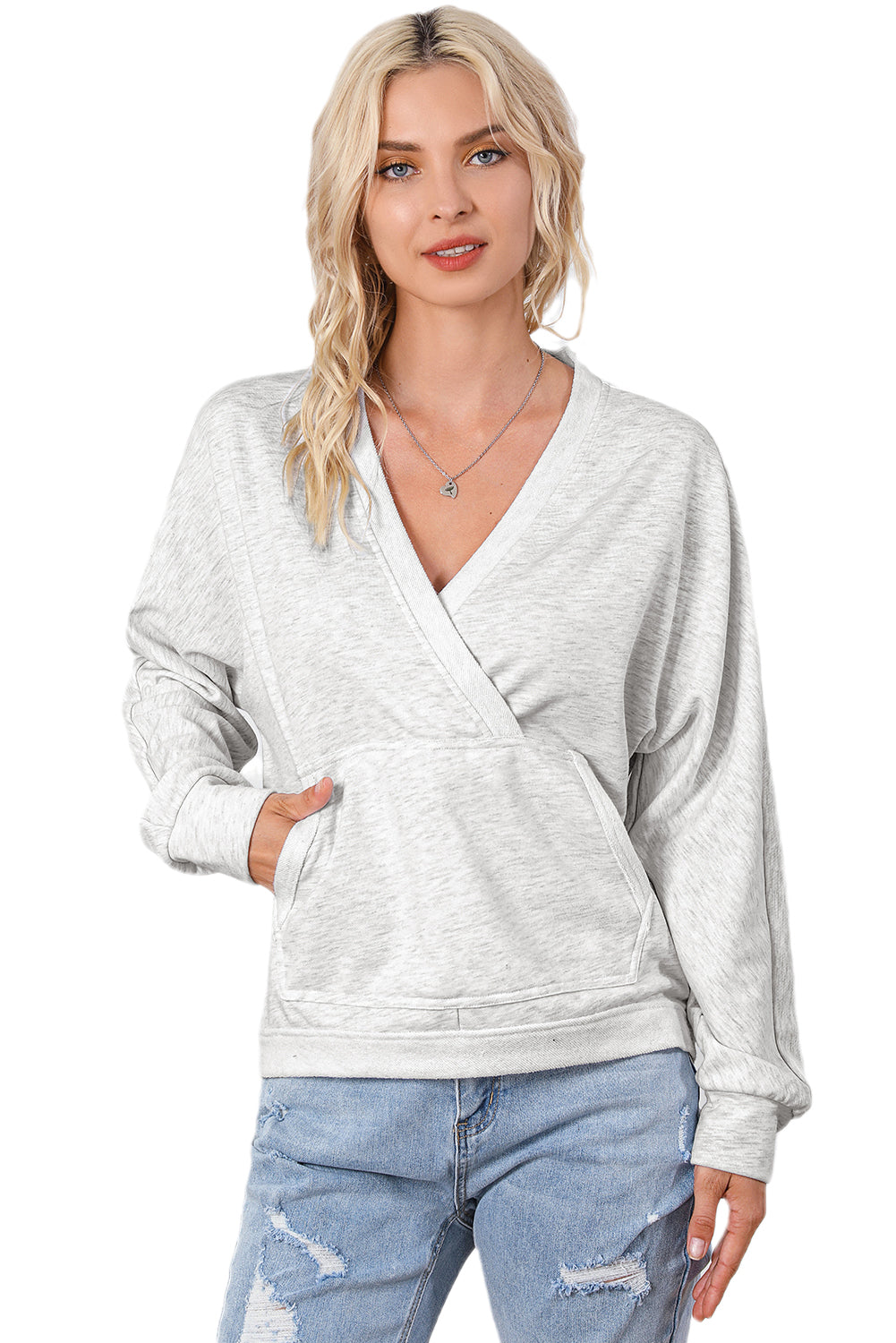 Sweat-shirt portefeuille gris à col en V et bordure contrastée avec poche