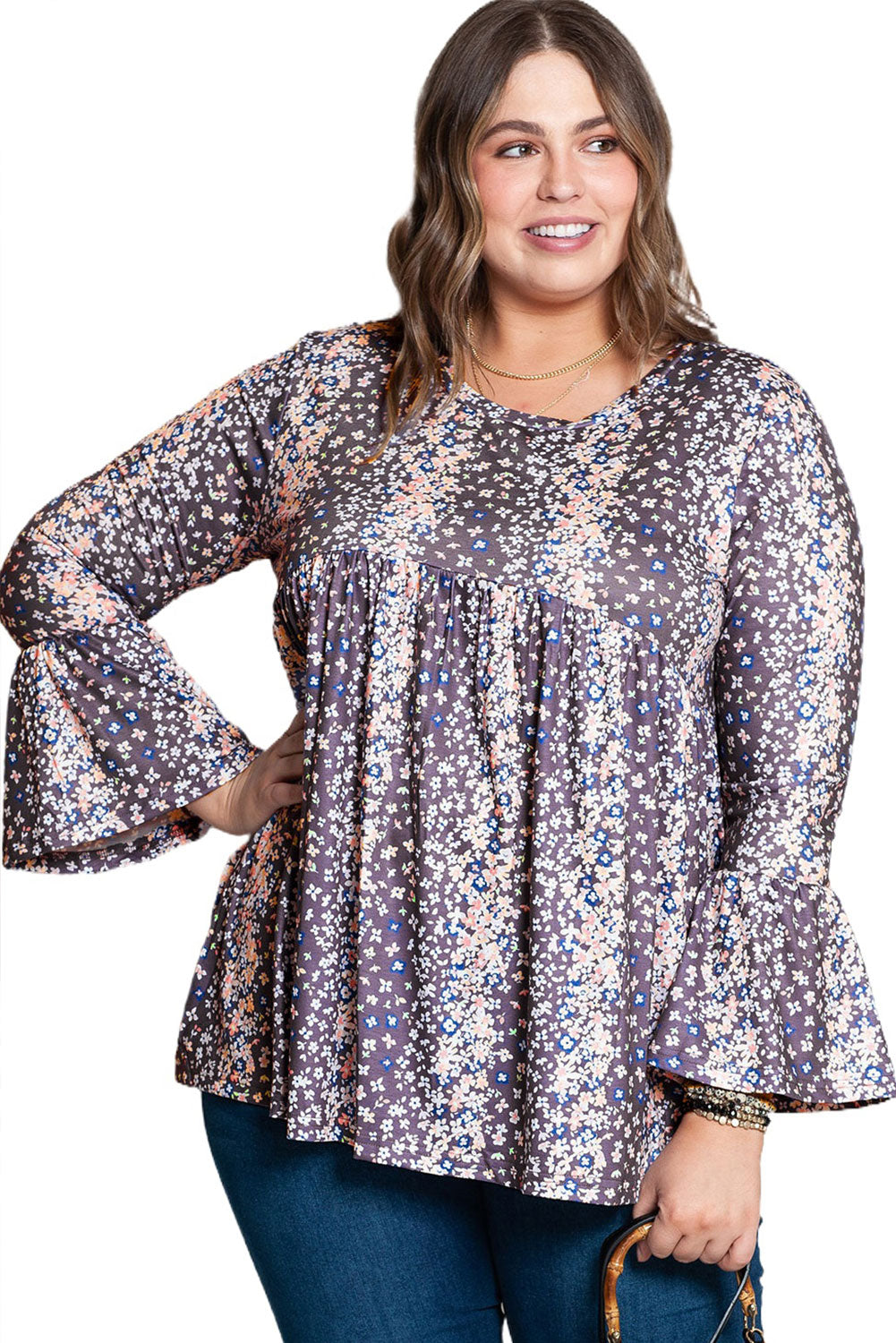 Floral Print Round Neck Plus Size Babydoll Blouse