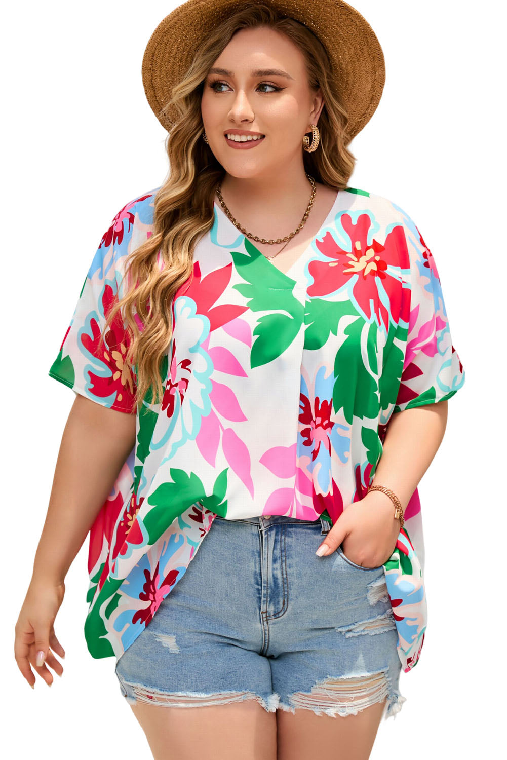 Floral Print Faux Wrap Plus Size Blouse