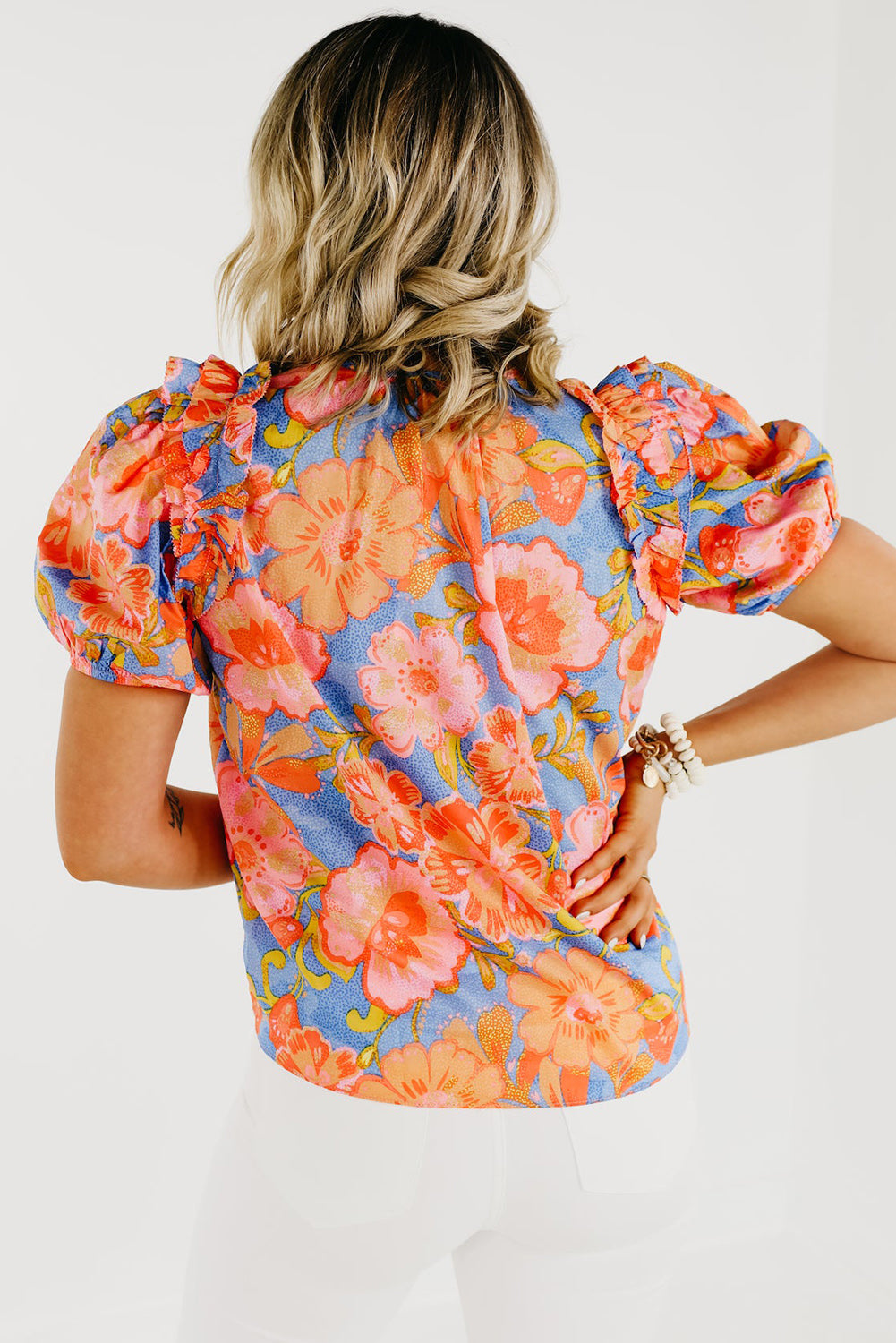 Floral Bubble Sleeve V-Neck Plus Size Blouse