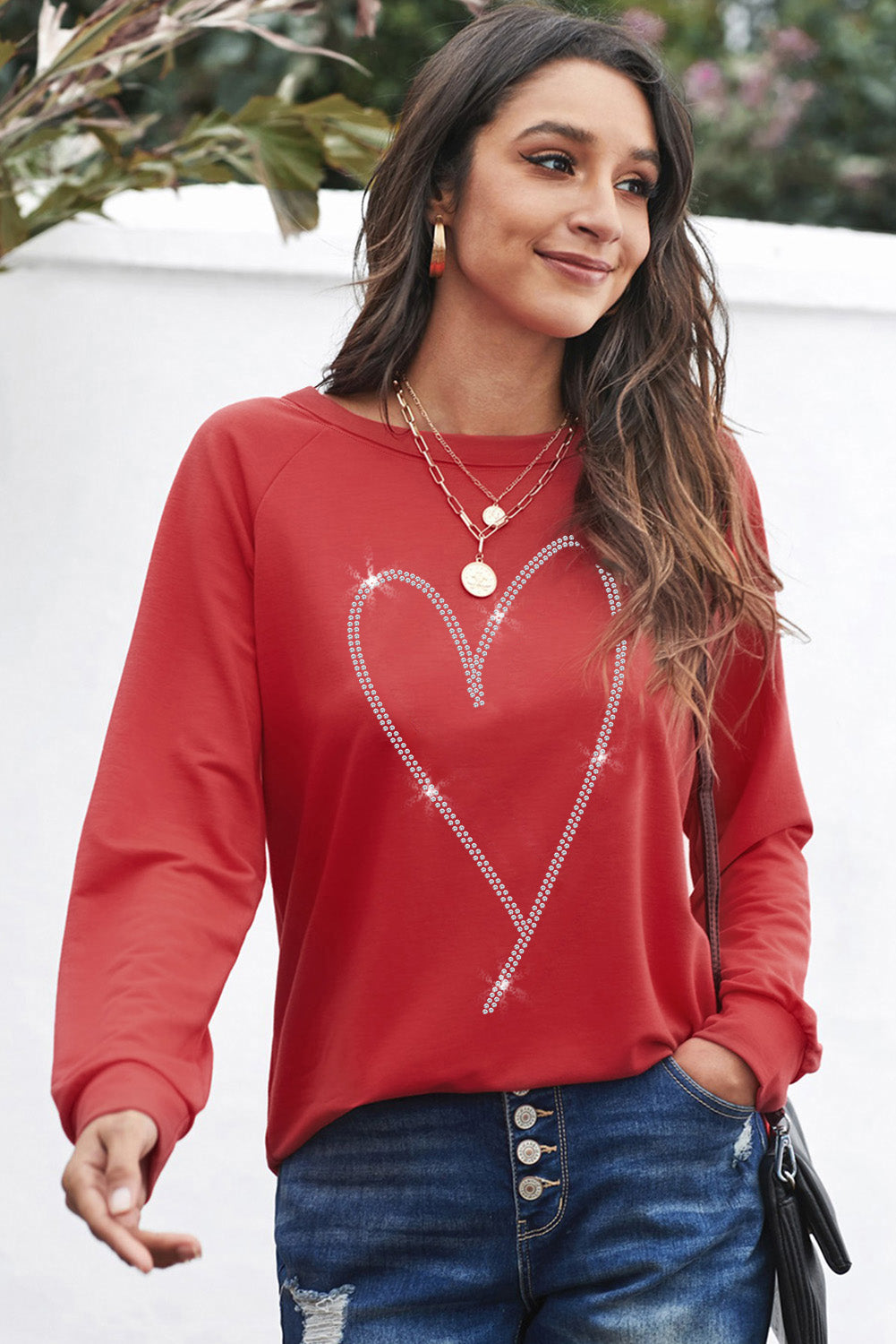 Sweat-shirt rouge uni à col rond et manches raglan 