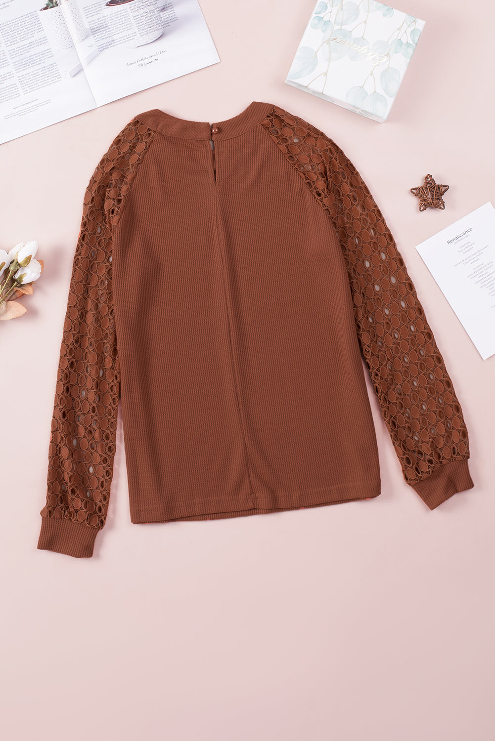 Lace Contrast Long Sleeve Waffle Knit Top