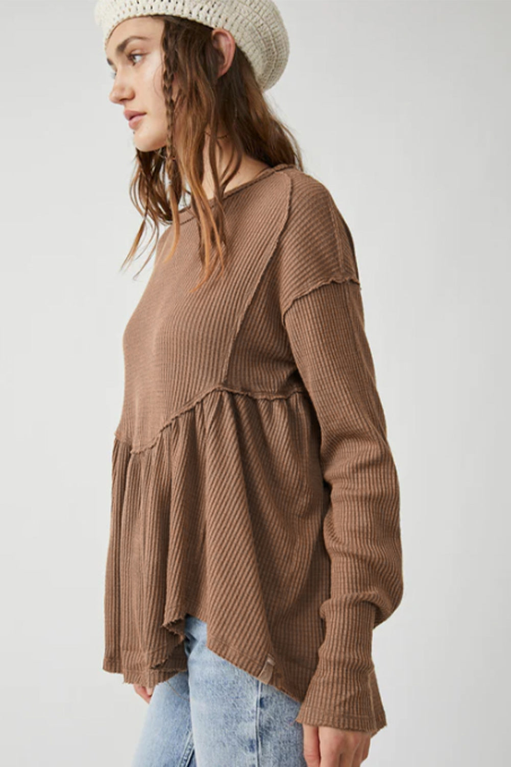 Brown Solid Color Ribbed Long Sleeve Peplum Blouse