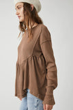 Brown Solid Color Ribbed Long Sleeve Peplum Blouse