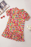 Floral Print Frill Mock Neck Bubble Sleeve Dress