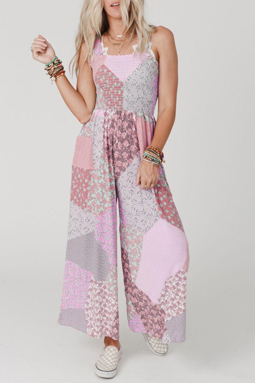 Irregular Patchwork Print Smocked Wide Leg Jumpsuit