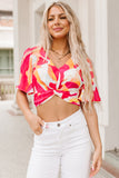 Abstract Print V Neck Twist Front Cropped Blouse