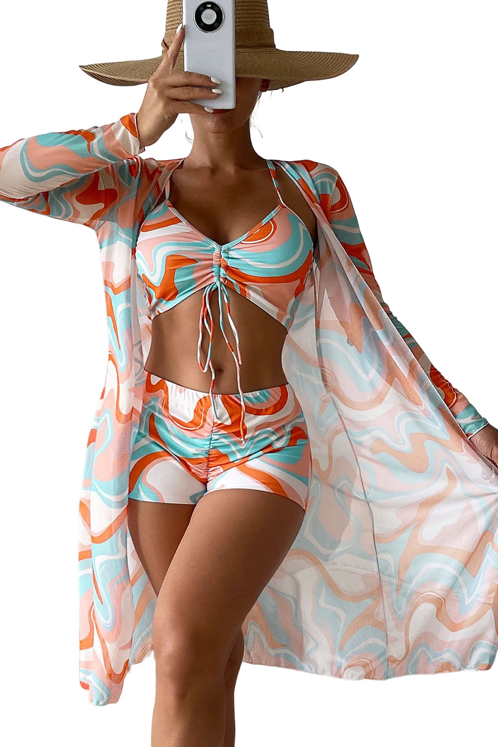 Abstract Print Drawstring Bikini and Swim Shorts with Cover Up