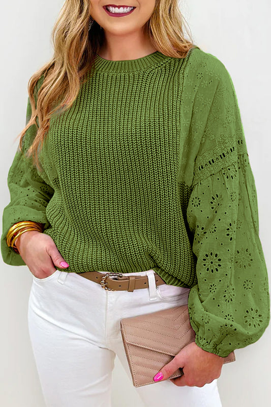 Pull patchwork vert à œillets et épaules tombantes