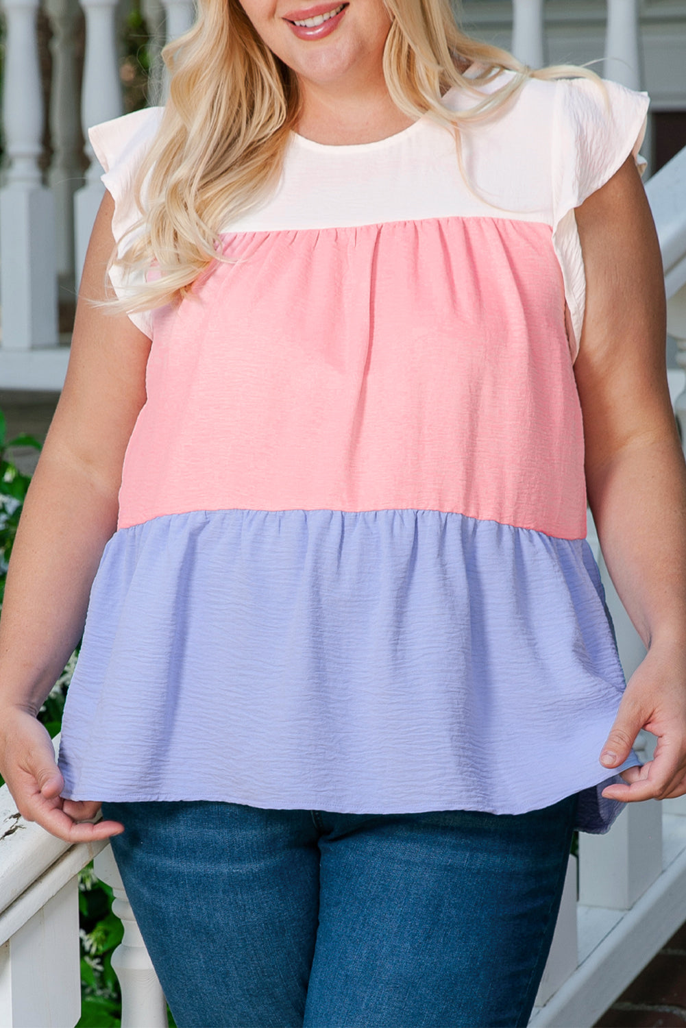 Plus Size Colorblock Ruffle Flowy Top