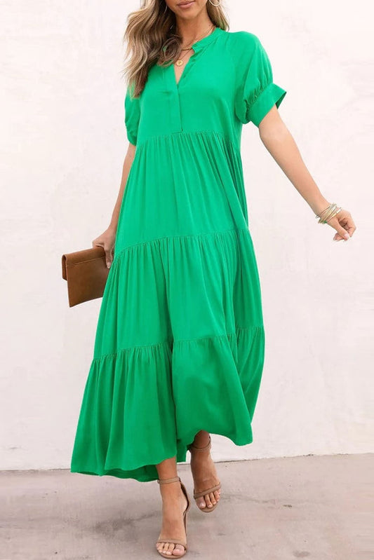 Notch V Neck Bubble Sleeve Tiered Maxi Dress