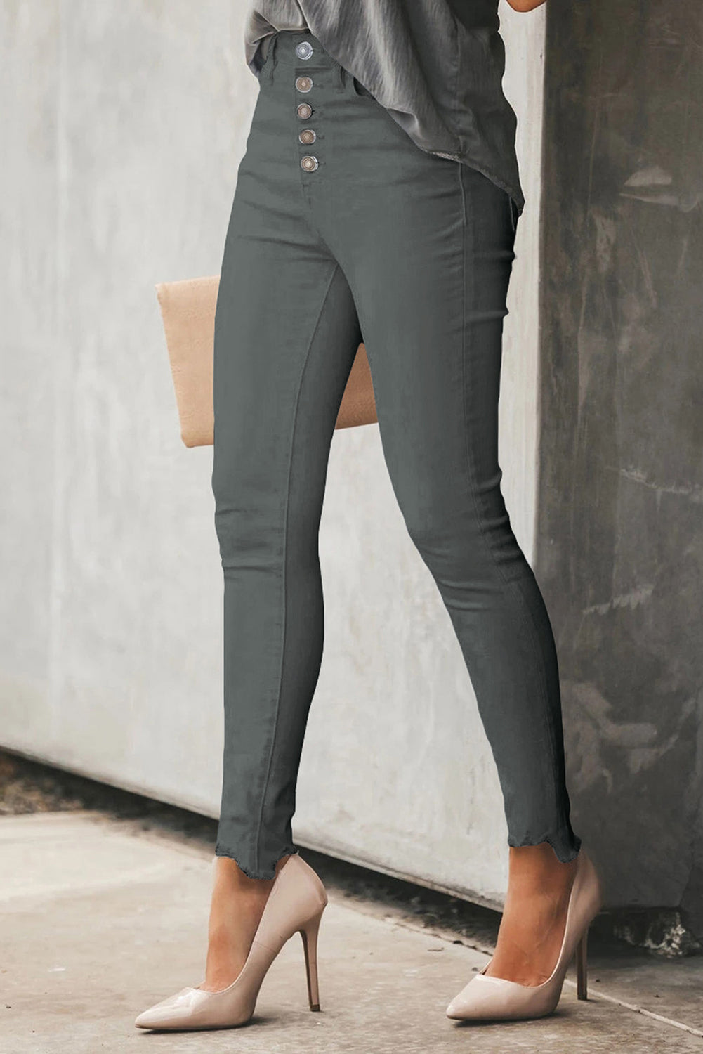 Green Plain High Waist Buttons Frayed Cropped Denim Jeans