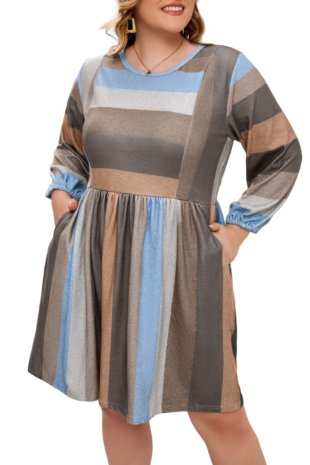 Plus Size 3/4 Sleeves Striped Print Empire Waist Dress