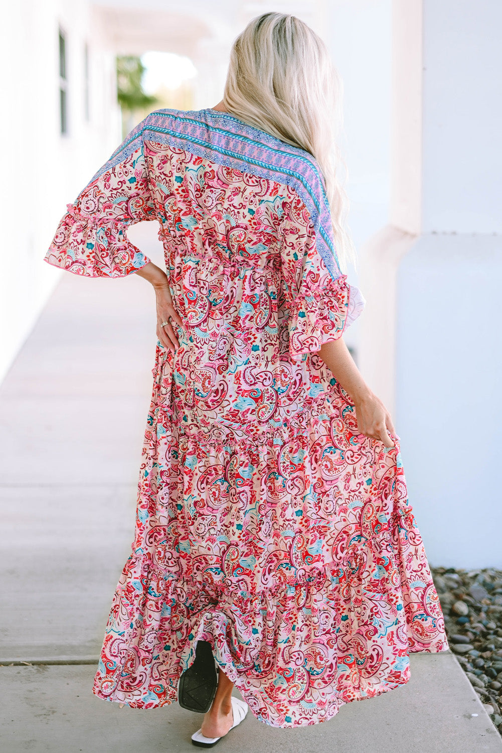 Boho Floral Paisley Print Tassel Tie V Neck Maxi Dress