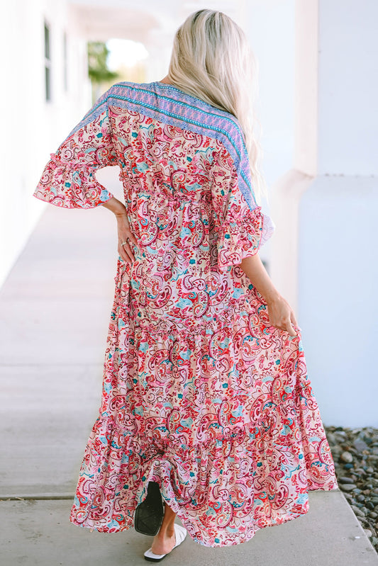 Boho Floral Paisley Print Tassel Tie V Neck Maxi Dress