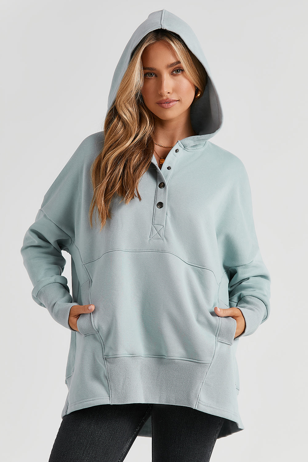 Sweat à capuche Henley avec poche et manches chauve-souris turquoise