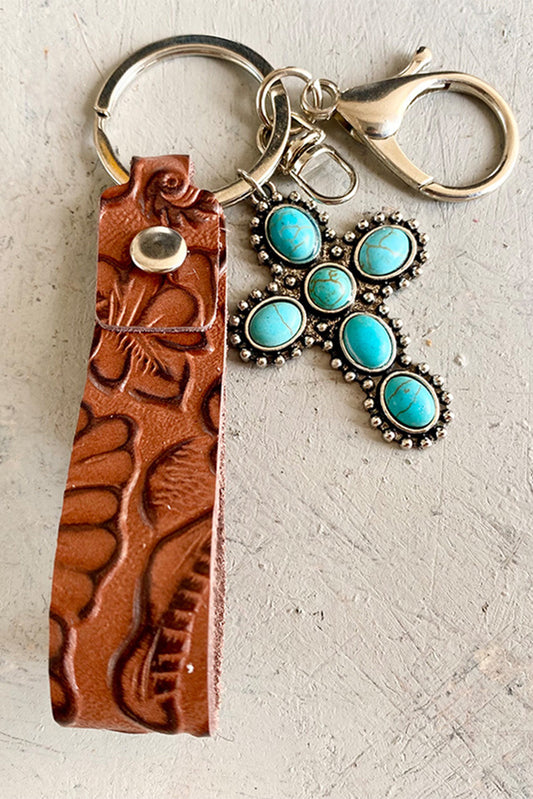 Vintage Embossed Turquoise Leather Key Chain