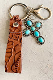 Porte-clés vintage en cuir turquoise gaufré