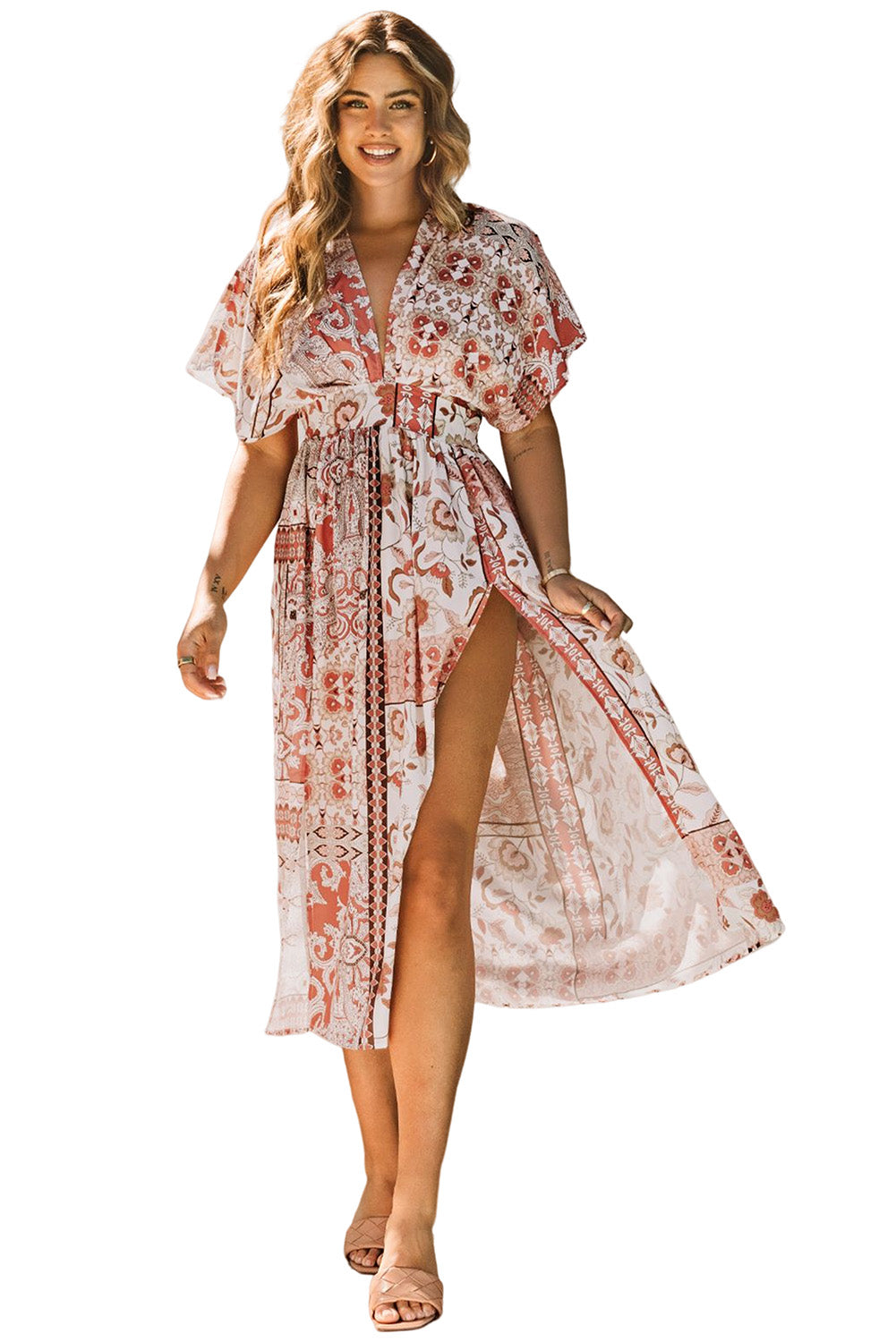 Boho Print Deep V Kimono Sleeves Beach Dress with Split