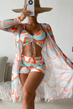 Abstract Print Drawstring Bikini and Swim Shorts with Cover Up