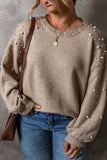 Smoke Gray Pearled Drop Shoulder Plus Size Sweater