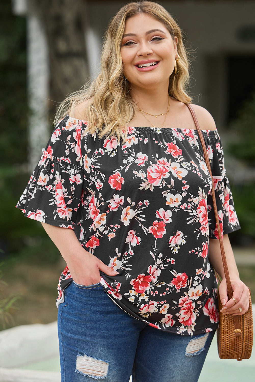 Floral Print Off Shoulder Plus Size Blouse