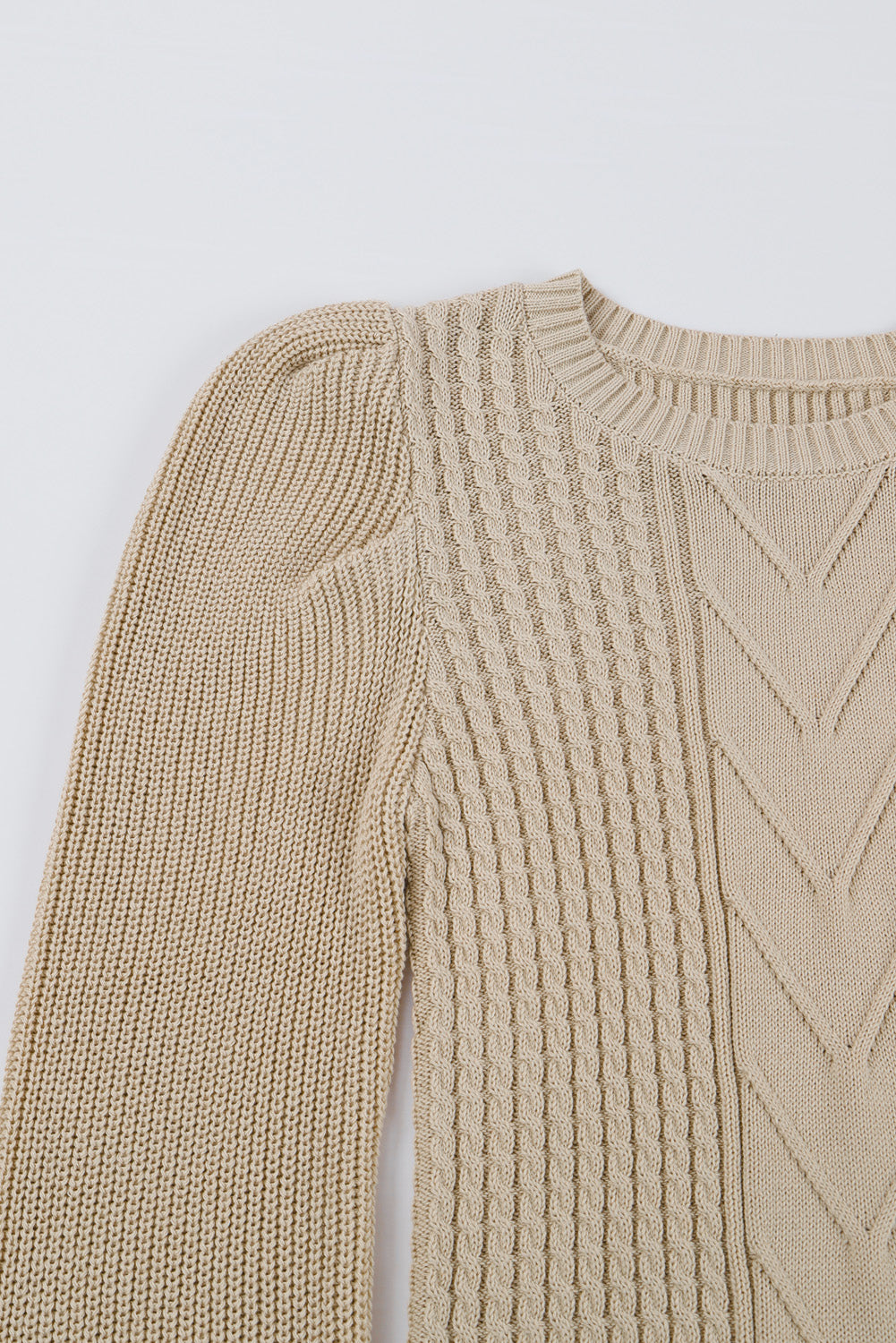 Cable Ribbed Knit Mix Pattern Puff Sleeve Sweater