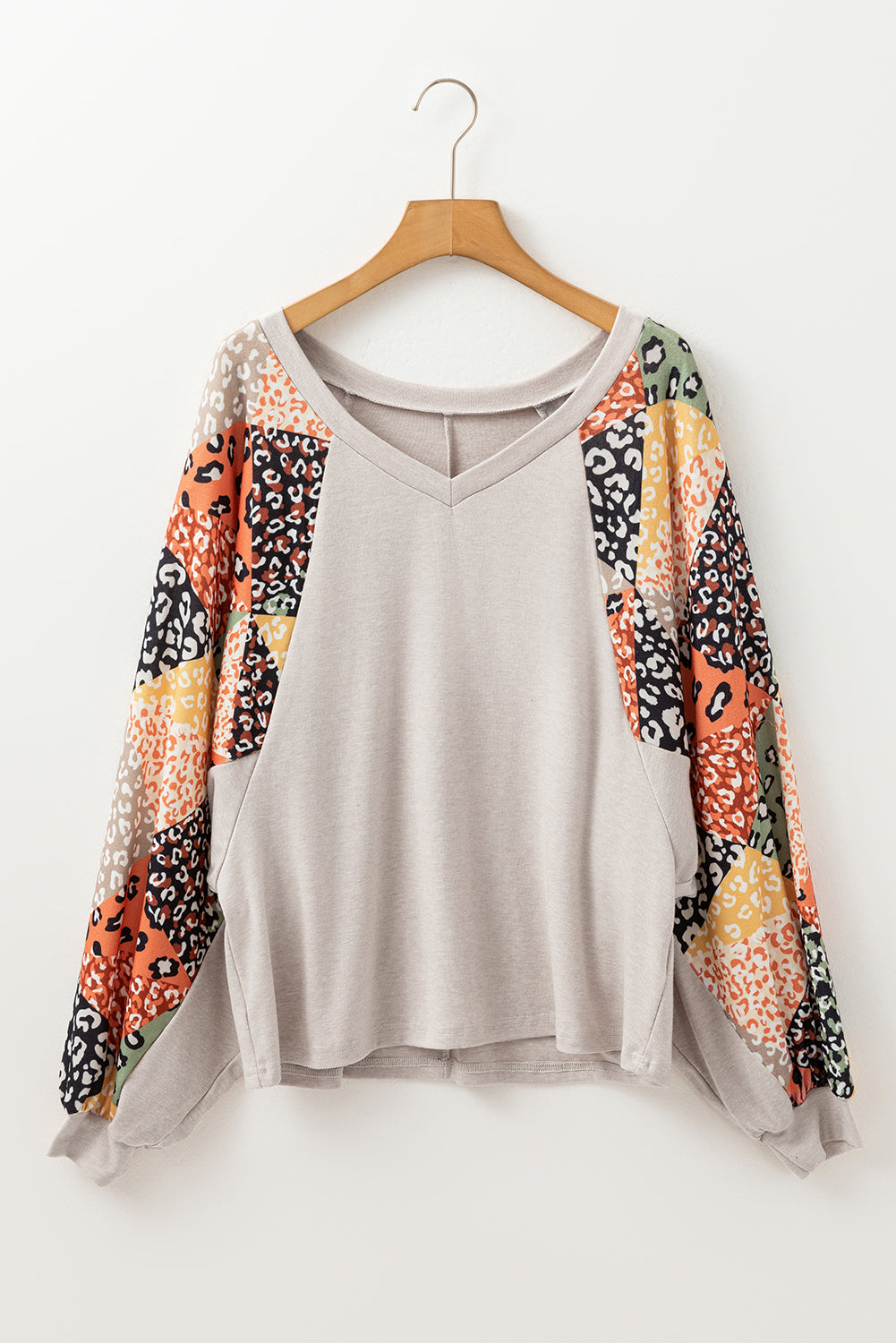 Parchment Contrast Printed Raglan Sleeves Patchwork V Neck Loose Top