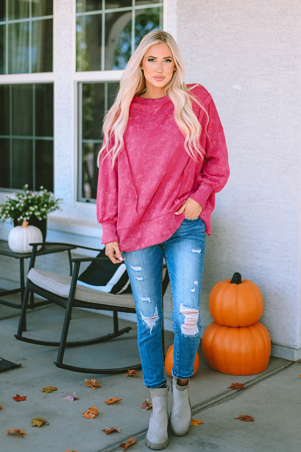 Acid Wash Relaxed Fit Seamed Pullover Sweatshirt with Slits