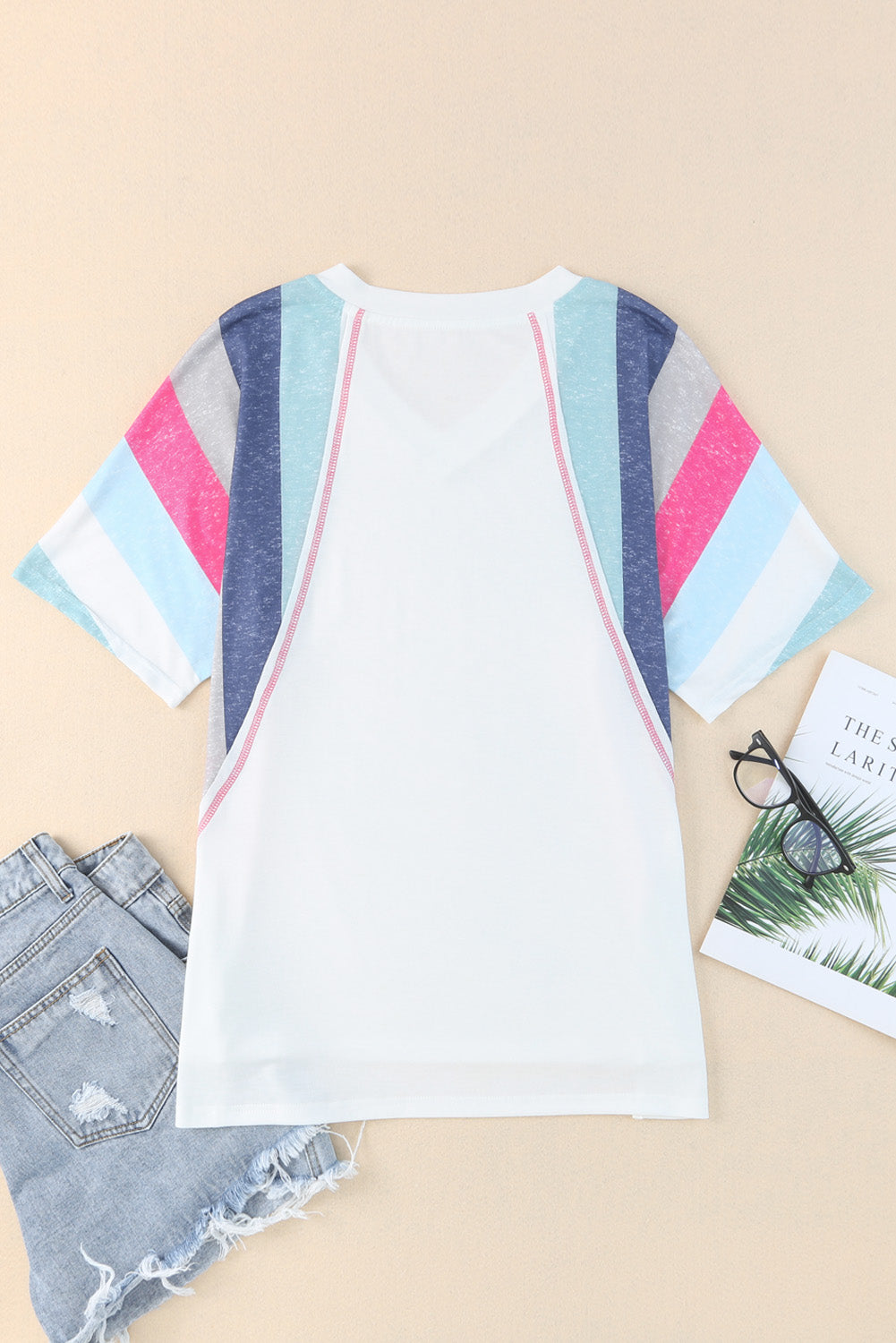 Stripe Patchwork V Neck T Shirt