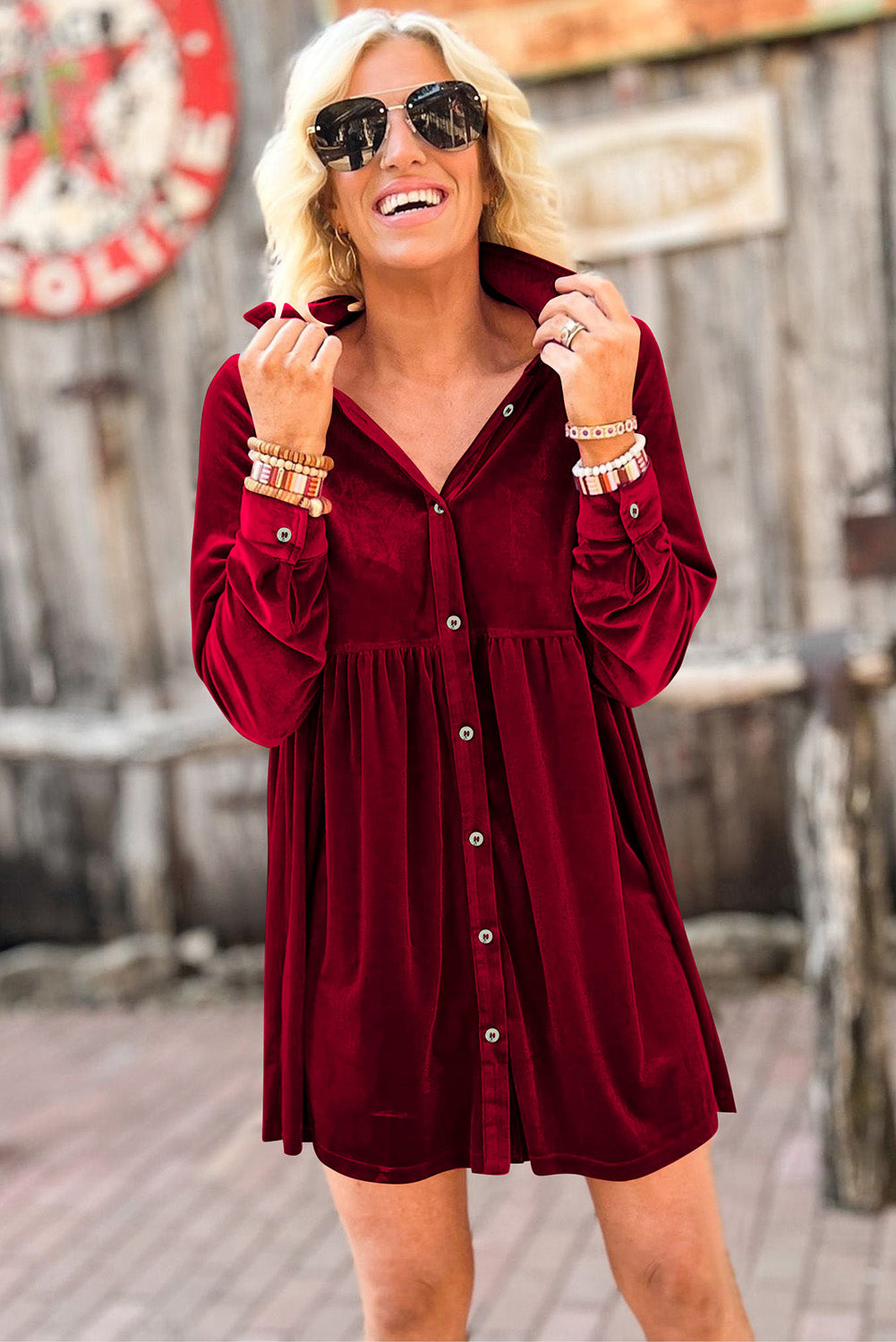 Rose Long Sleeve Ruffle Velvet Button Up Dress