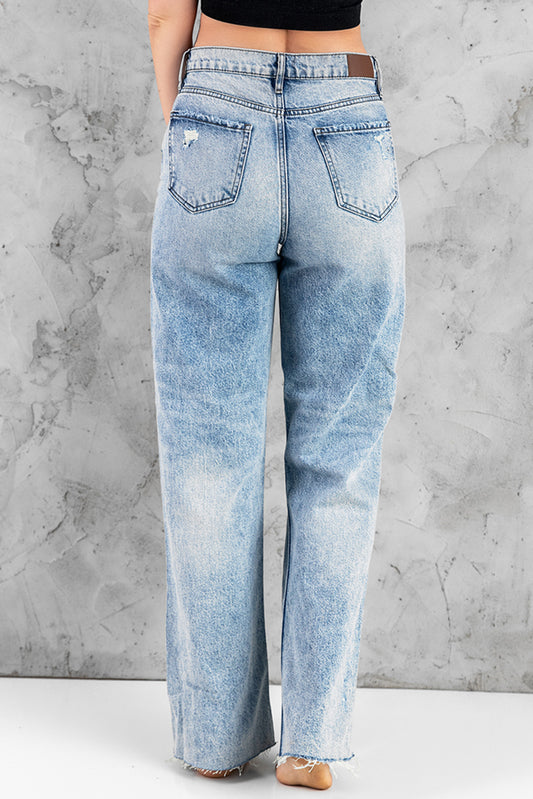 Distressed Hollow-out Knees Wide Leg Jeans